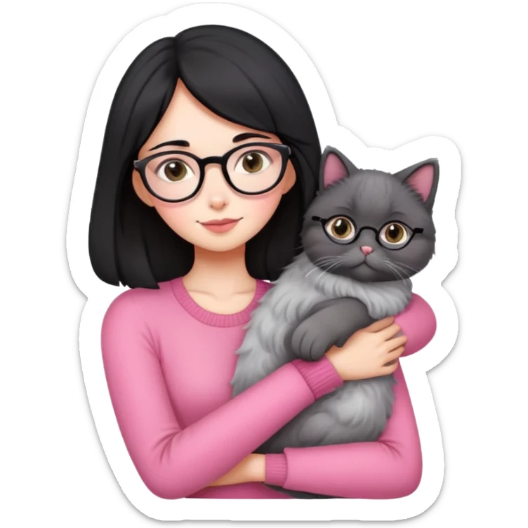 Beautiful skinny woman medium black hair with oval glasses in pink outfit hug persian-angora grey cat sticker