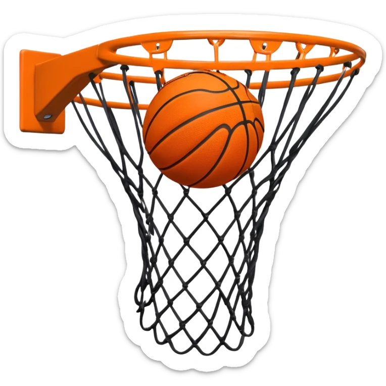 A close-up of a basketball shield and hoop with the ball swishing through the net, captured mid-air. The background emphasizes the tension and excitement of the moment, with the rim and net in sharp focus, showcasing the precision and skill of the sport. sticker