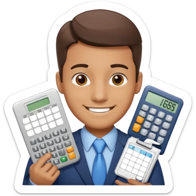 emoji, of a male AUDITOR smiling with Finance spreadsheet , a calculator,plus ADD A puzzle and a Balance for accounting. sticker