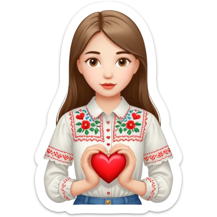 Beautiful young girl in a white Ukrainian embroidered shirt holds a large embroidered heart in her hands sticker