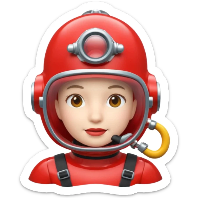 3D cartoon-style human character in the Apple emoji style, wearing a red diving helmet with glass visor sticker