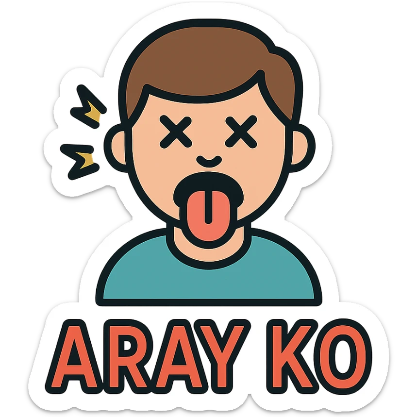 a guy with his tongue out and the words 'aray ko' in color outline icon style sticker
