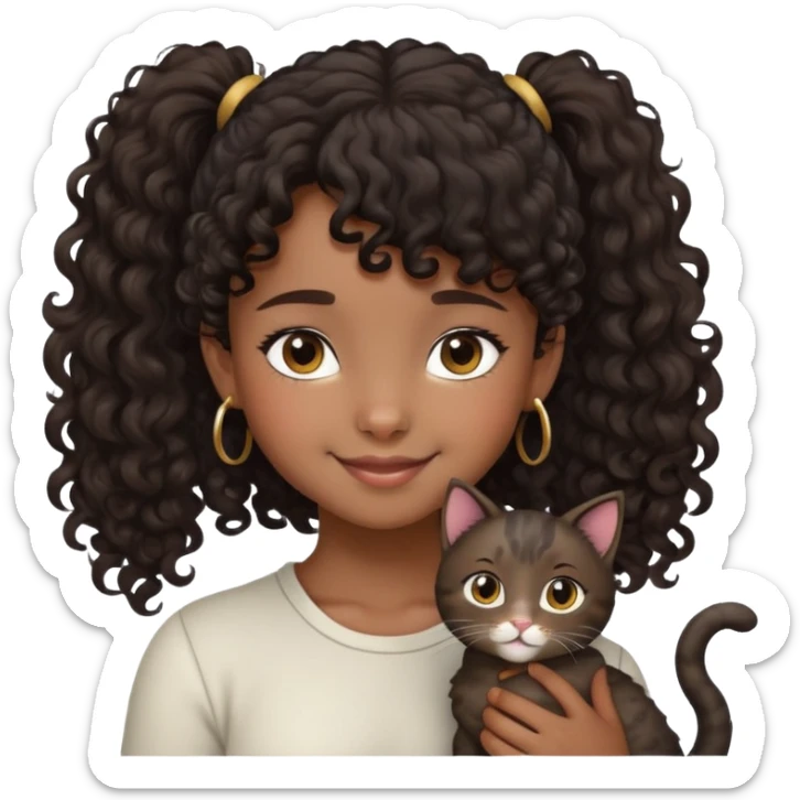 niña con el pelo oscuro, piel oscura, pelo rizado con una cola y flequillo rizado, sonrisa vergonzosa y con un gato  sticker