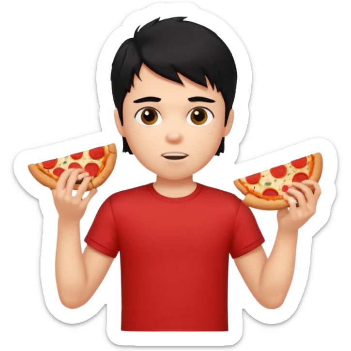 generate a pretty fair bratz boy with a messy mullet (black hair), wearing a red tshirt. eating pizza. He has big biceps sticker