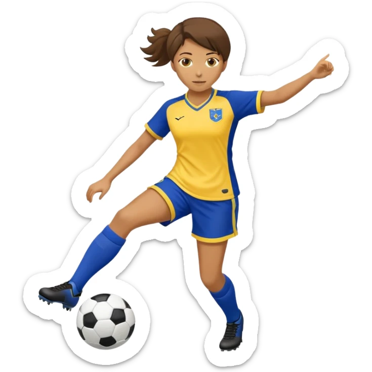 Female soccer player kicking a soccer ball with a royal blue kit with yellow trim on shoulder and shorts sticker