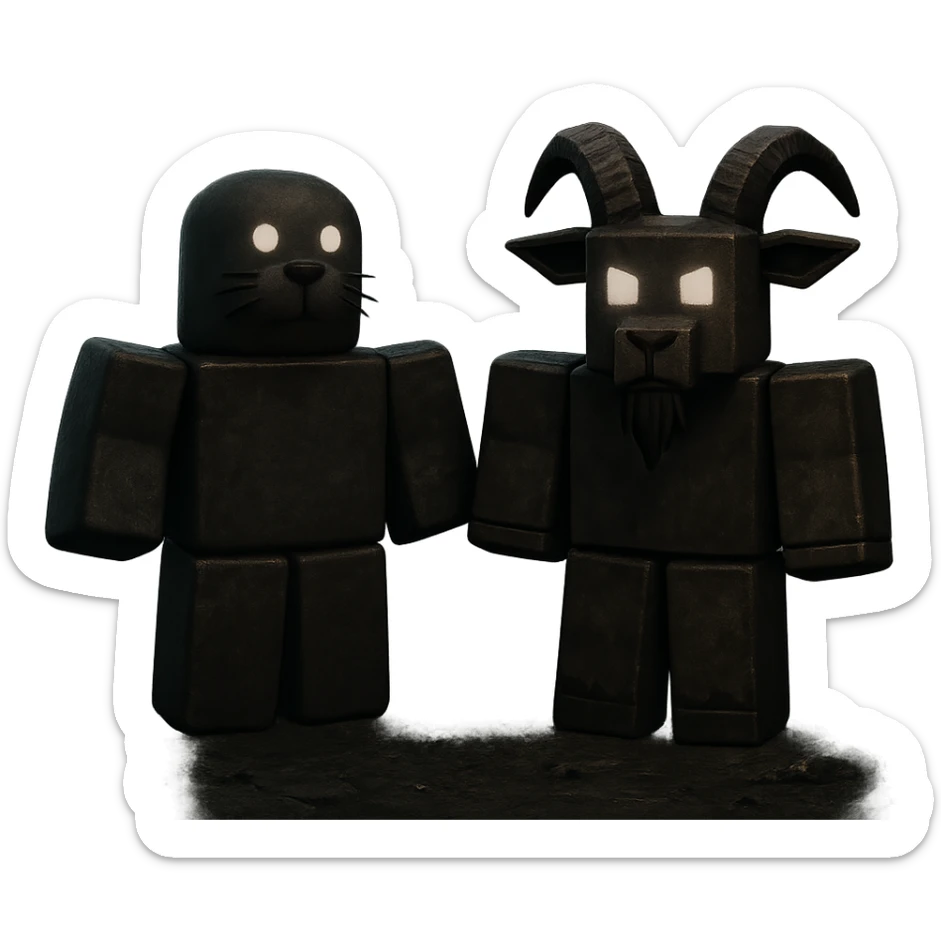 A seal and a goat designed as stylized Roblox characters in the dark and mysterious atmosphere of the popular Roblox game 'Forsaken', with a gloomy and eerie environment, blocky and stylized game characters, dark map background sticker