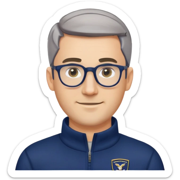 Caucasian man with oval face, hair cut extremely short and tight to head (military style), short beard with gray streaks, large black eyeglasses, cheerful expression, wide body type, navy blue long sleeve sweatshirt with quarter zip sticker