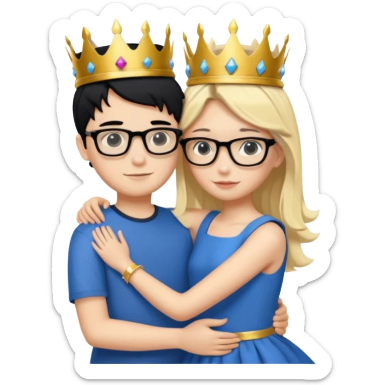 Boy in purple with black glasses and back hair hugging a blonde girl with a blue dress and gold crown sticker