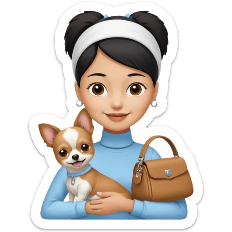 tan skin woman, with very short black hair in a slicked back ponytail with forehead showing, with white headband, wearing solid pastel blue turtleneck shirt, smiling carrying brown-white furry chihuahua papillon dog inside dog purse sticker