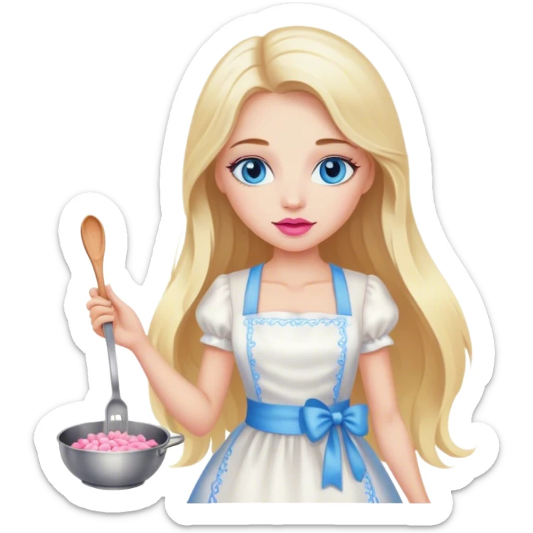 Cinematic realistic beautiful blonde with long hair, blue eyes and pink lips in a white dress cooks sticker