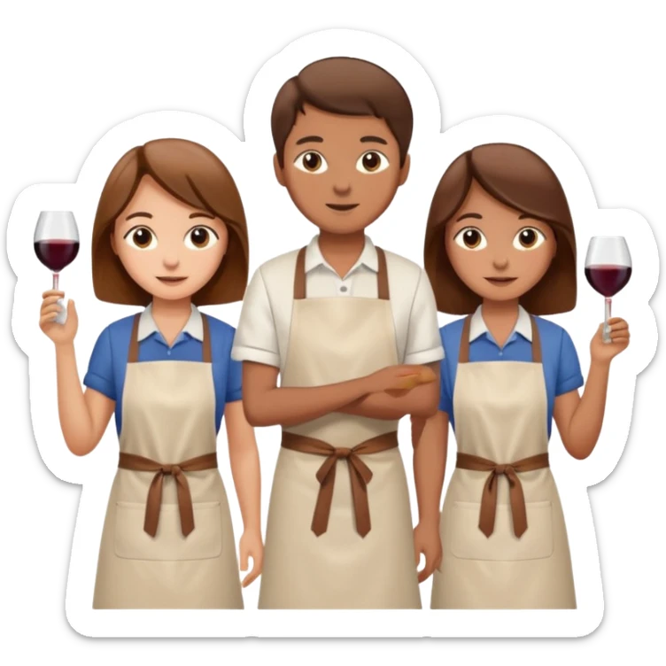 Make a photo of 5 project managers, specifically 3 girls with brown hair and 2 boys, that are making project for improvement of the winery sticker