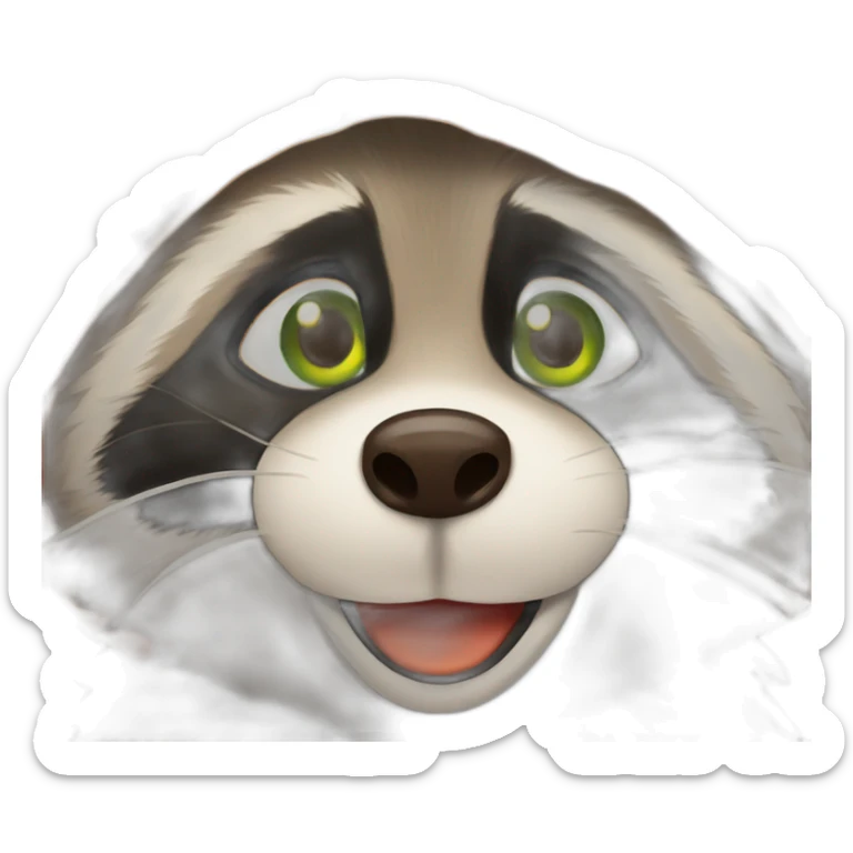 brown raccoon with orange eyes and a dark green hood that is crying sticker