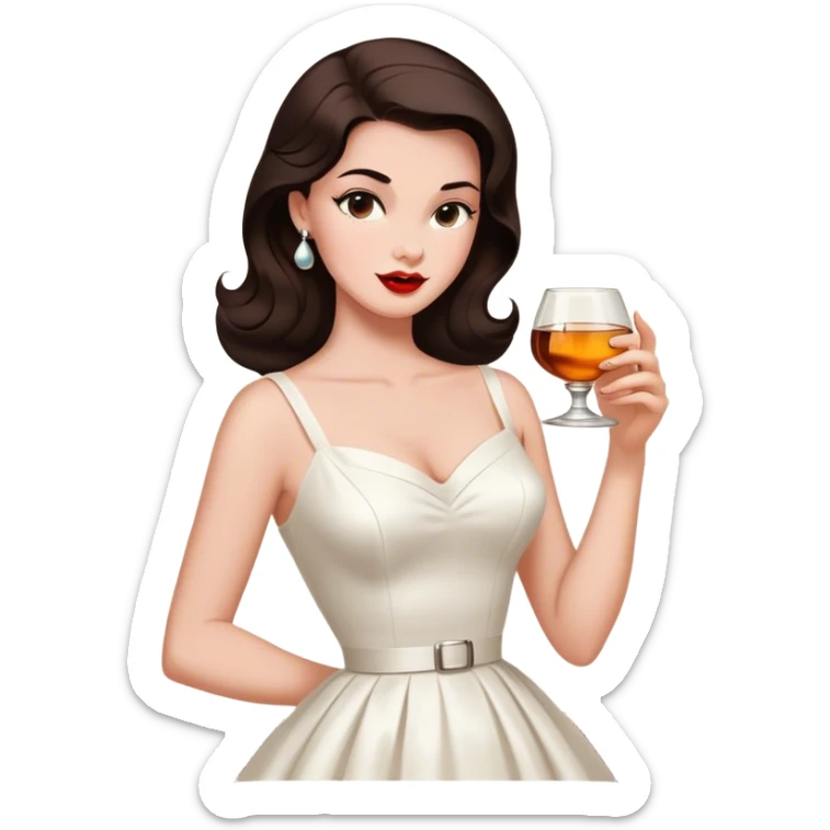 Beautiful woman in 1950’s woman fashion look, white dress, long dark brown hair, whisky with ice sticker