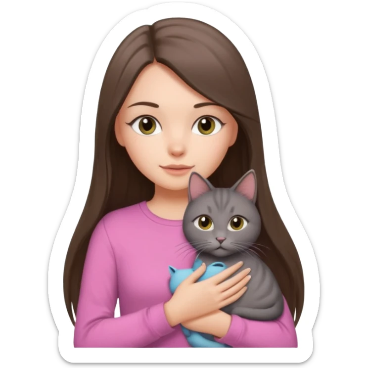 a white girl with brunette long straight hair holding a grey cat. the girl has long lashes and has on a pink shirt. sticker