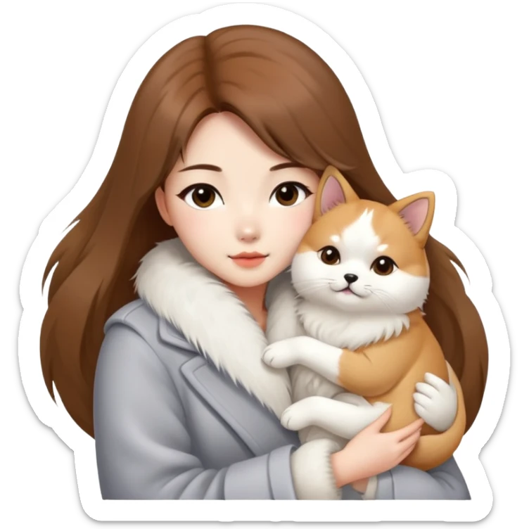 A Chinese fashion girl with brown hair, wearing a light gray fur coat, hugging a Shiba Inu and a long-haired white Persian cat. sticker