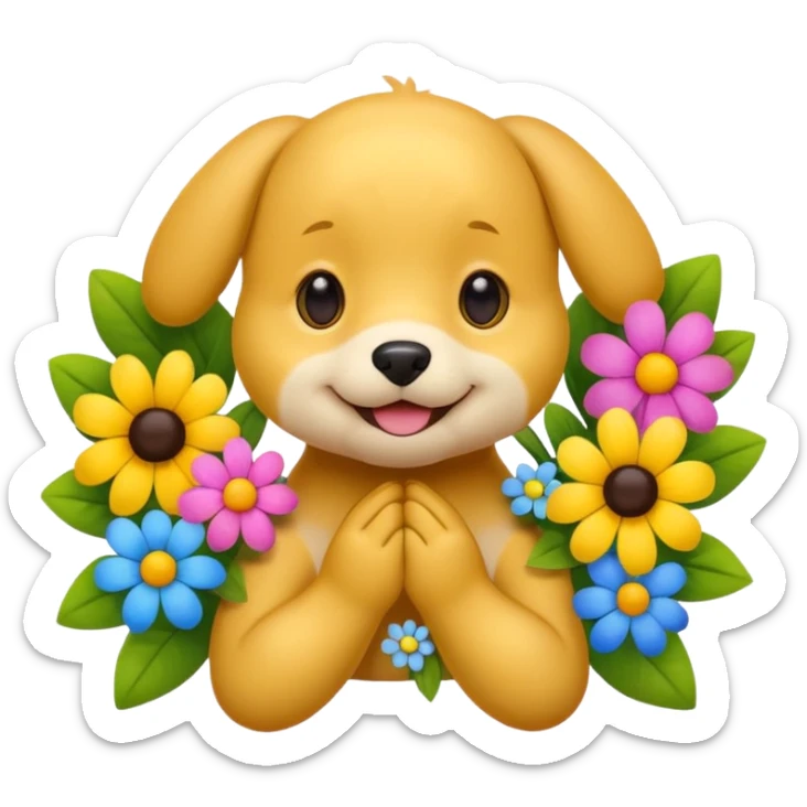 Cute smile face emoji with puppy dog eyes holding its cheeks and a bunch of flowers around it sticker