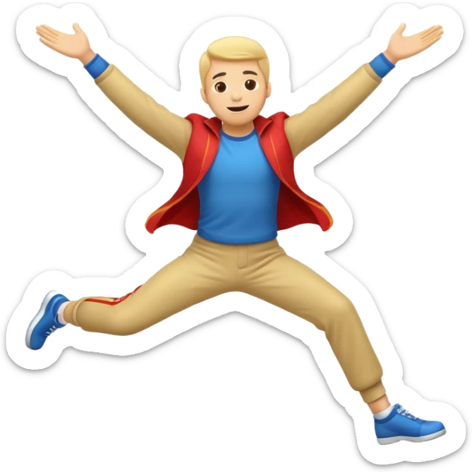 A cartoon-style emoji of a man flying backwards, leaning backward as if levitating from music, arms spread, energetic and joyful, simple bold lines, bright colors, minimal background, perfect for social media emoji, high contrast, small icon size sticker