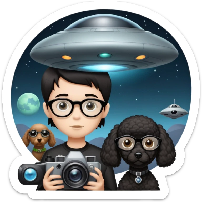 A little boy with straight black medium-length hair, white skin, and black eyes wearing black-framed glasses is taking photos on a UFO with a camera. Beside him, there is an alien and a brown round-headed poodle. sticker