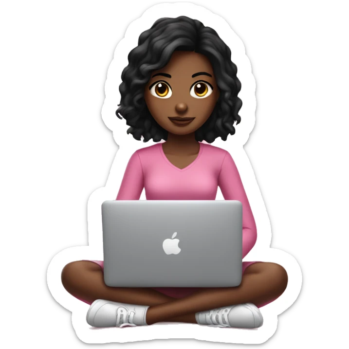 Pretty Brown skin girl with black hair sitting at pink MacBook  sticker