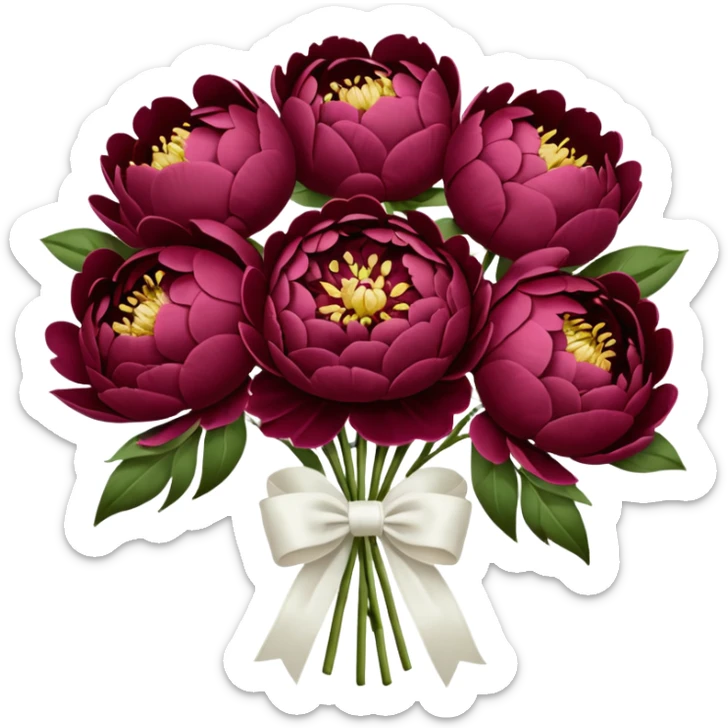Big bouquet of burgundy peonies with a white satin ribbon sticker