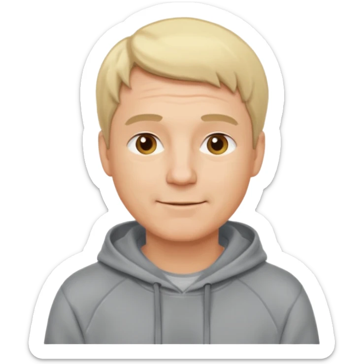 middle aged man, short blonde hair, wearing a hoodie, cheerful look sticker