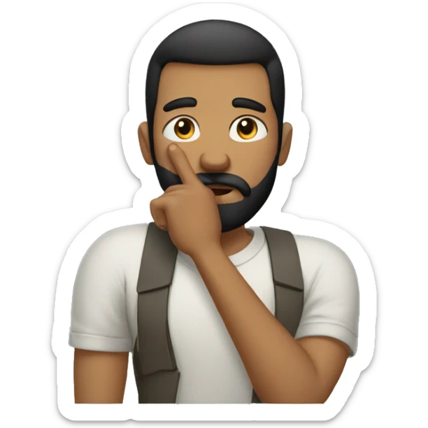 A guy with his finger in his mouth making the silence sign, black short hair, beard sticker