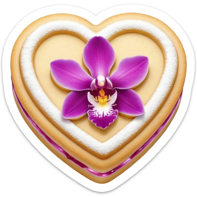 Realistic shortbread cookie in the shape of a heart with orchid color jelly middle filling and sprinkled powder sugar on top. sticker