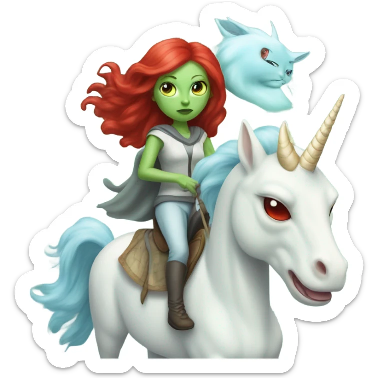 [politically incorrect
	{ woman: alien, color: light green, hair:red, eyes:cat} ]
	on a 
	[{ unicorn: white, legged:four, mane: light blue }] sticker
