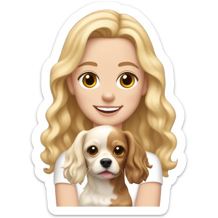 White girl with wavy blonde hair holding a Tan and white chihuahua cocker spaniel mix happy with shorter ears sticker