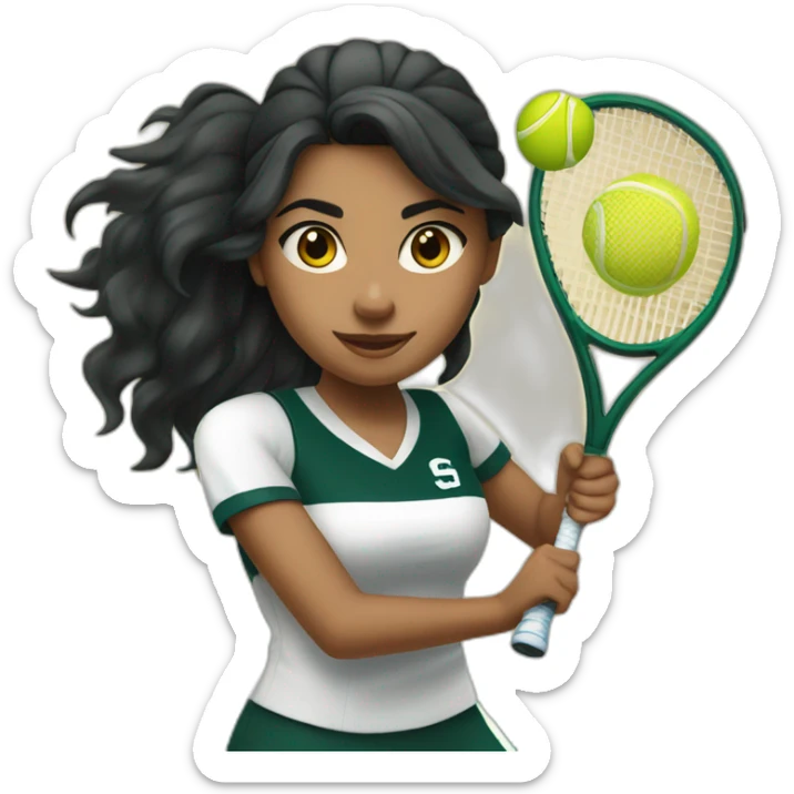 indian girl teenager playing tennis wearing a michigan state spartan uniform with wavy black hair sticker