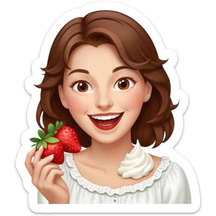 woman with long brown hair eating strawberries and whipped cream, laughing elegant cute sticker