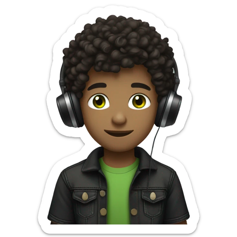 italian boy with olive tone skin with dark brown curly hair and green eyes wearing jeans and a black t shirt with headphones around the neck and black air forces sticker