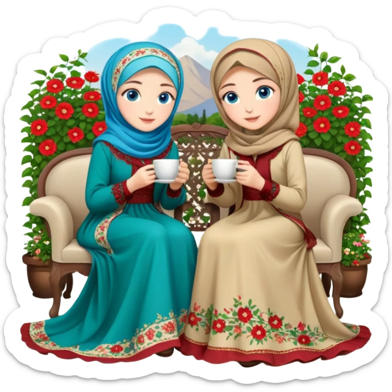 Turkish beautiful finish Konya girls blue eyes with Beautiful beige red green floral hijab long tail dress and this two friends sit in a lovely garden on the chair on the ground and holds cup coffe with her hand  sticker