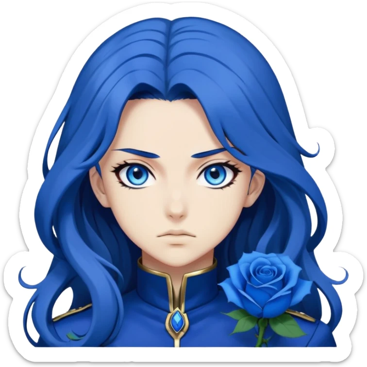 head portrait of anime girl with long dark blue hair, blue rose in hair, bright blue eyes, dramatic JoJo's Bizarre Adventure style, bold outlines, intense expression sticker