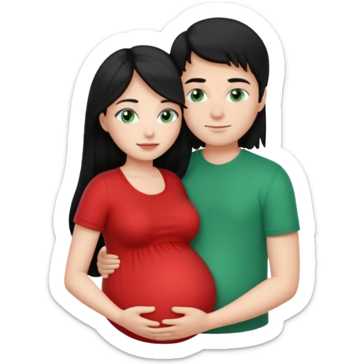 Make a couple emoji they are 18. The girl has long black hair and blue eyes and is hugging a pregnant boy with light brown hair and green eyes they are both wearing red top. They are both white  sticker