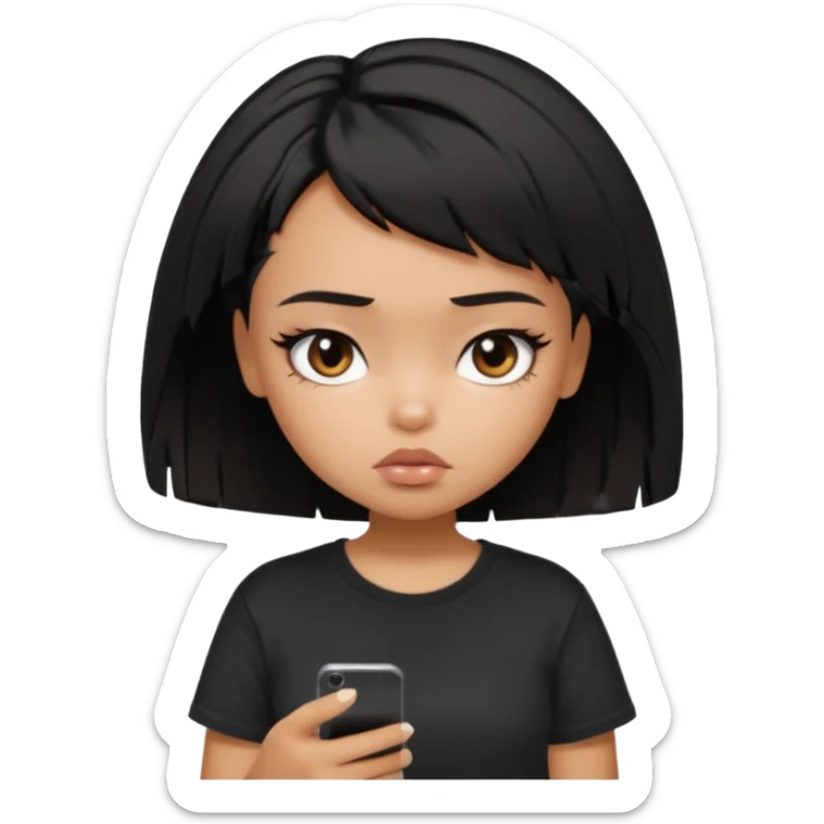 generate a pretty bratz girl with short black very messy hair, looking tired and using her phone, wearing an oversized black tshirt sticker