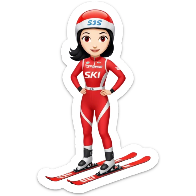 Ski racer woman red white dress with the name STEPHANIE on the dress black hair smile sticker