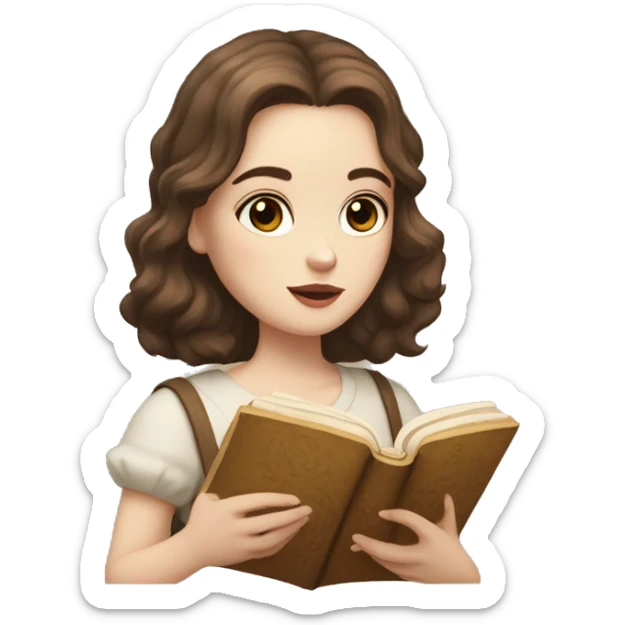 pale girl with short brown wavy hair and darkened eyes, she is serious and reading an ancient book with a loaf of bread sticker