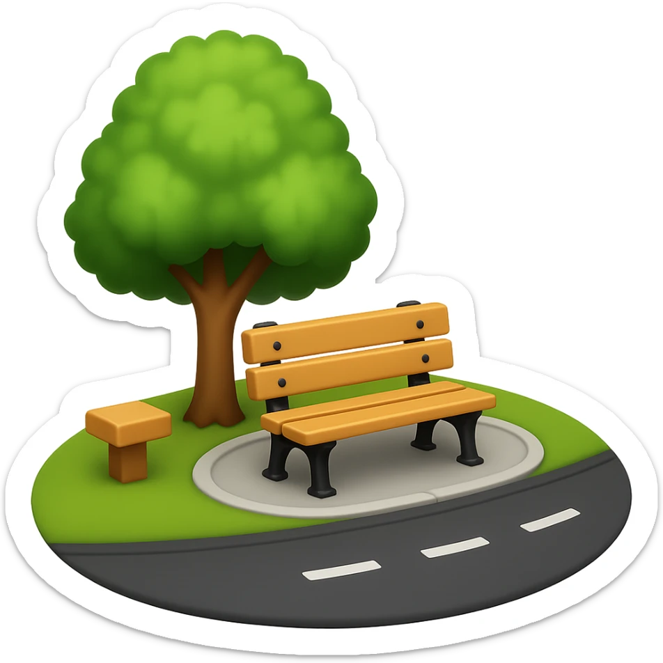 Emphasize the street and reduce the number of trees in the image. The style should resemble emoji style with a transparent background. sticker