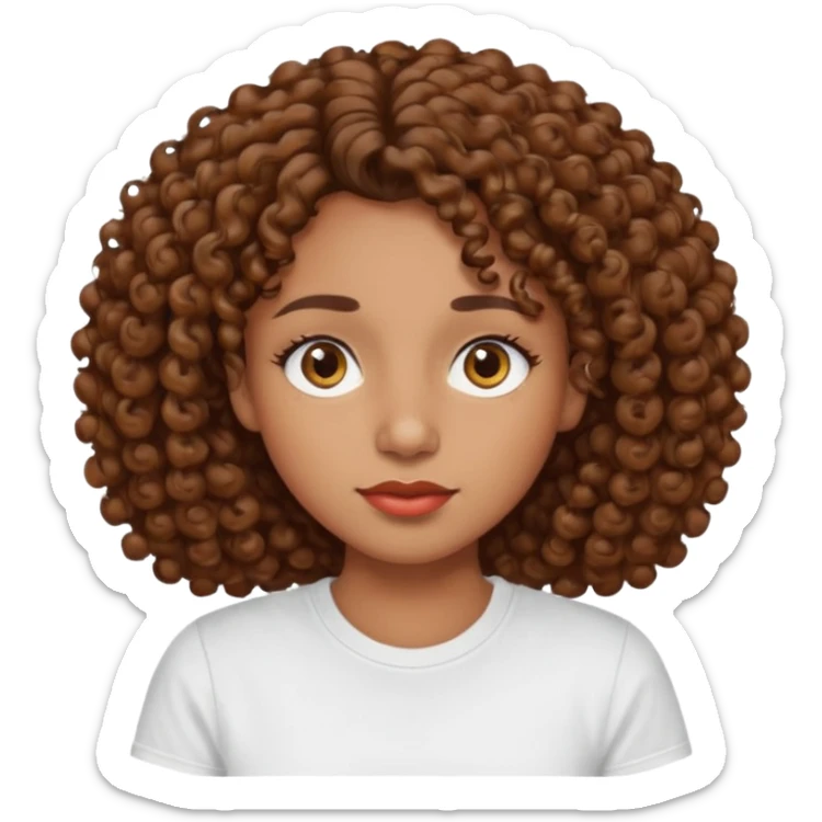 
professional, curly brown lady with hazel eyes, a little dot on the top of the left lip, a normal t shirst sticker