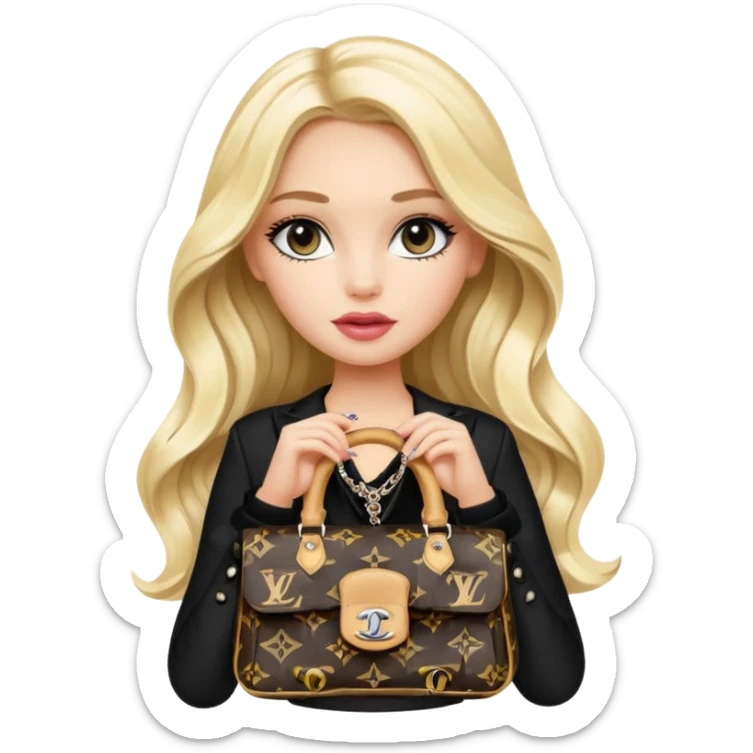 fashionable blonde girl with long wavy hair, Bratz Chloe inspired, in Chanel logo black and white two-piece, with a Louis Vuitton handbag, emoji style sticker