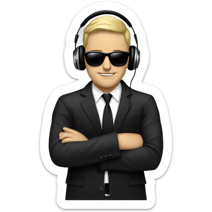 White Man with sunglasses DJ black jacket skinny tie headphones scratching records sticker