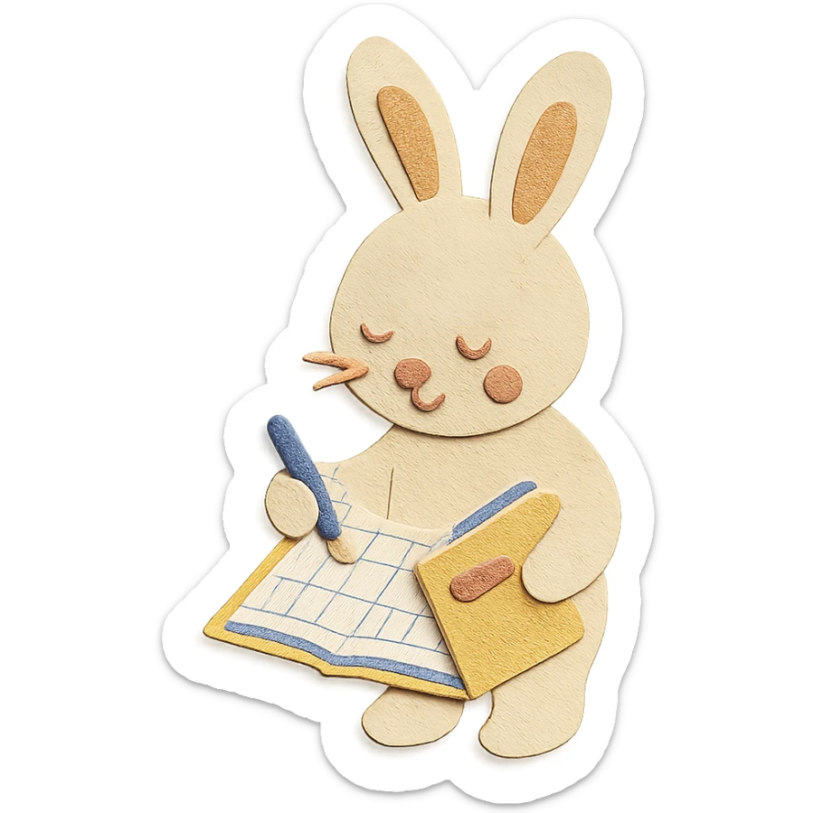 highly detailed, high quality paper craft style illustration of a cream-colored bunny standing and writing in a planner, intricate textures, soft lighting, delicate cut-paper details sticker