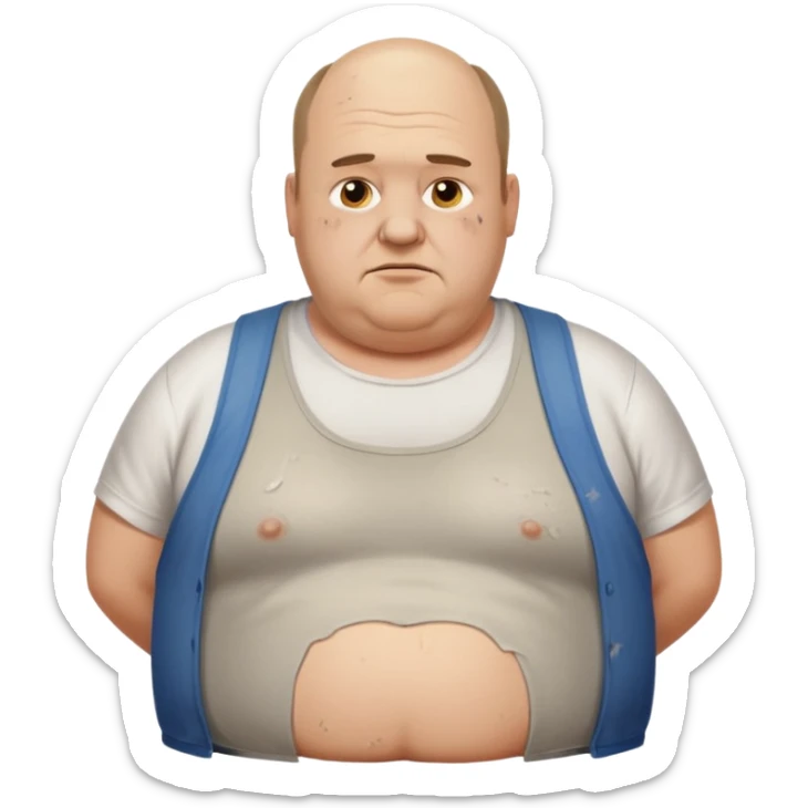 obese middle aged white man in wifebeater with  dirty appearance. His hair is very greasy and balding sticker