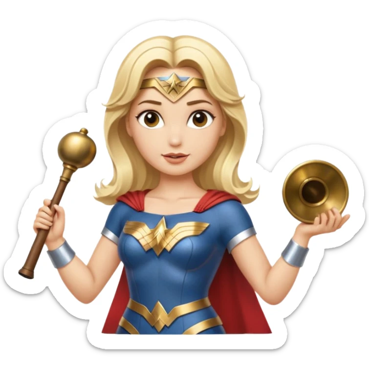 Blonde Wonder Woman holding bell and short white orchestra conductor’s baton  sticker