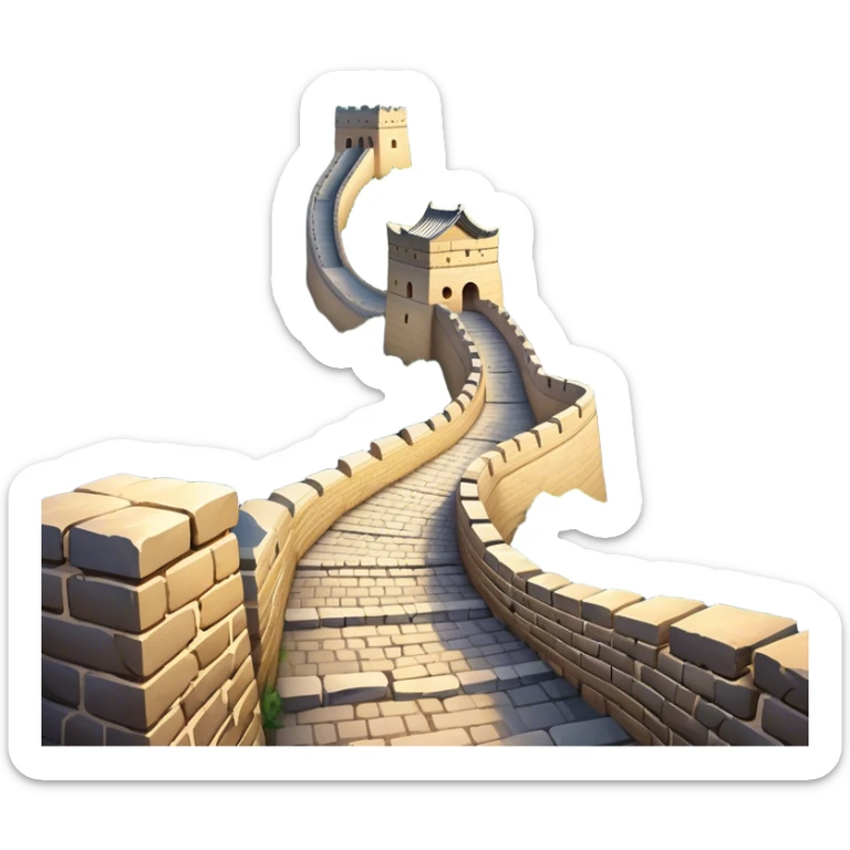 Cinematic Realistic Great Wall of China Landmark Emoji, depicted with ancient stone pathways winding over rugged mountains, watchtowers punctuating the misty landscape, and soft golden sunlight casting dramatic shadows. sticker