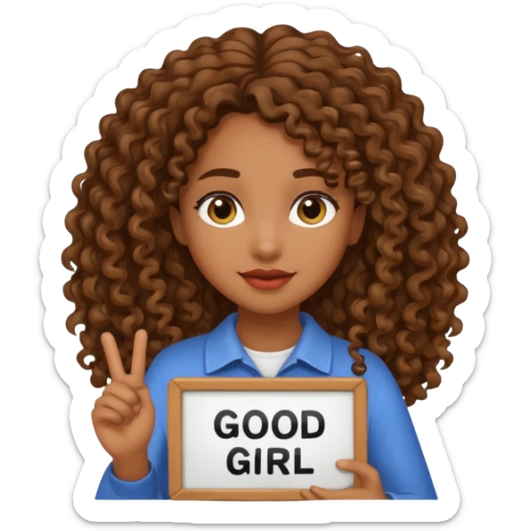A girl with medium brown skin and long curly holding a sign saying good girl sticker