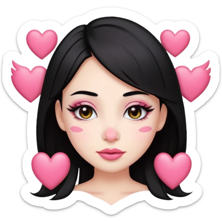 “Emoji girl, pastel pink streaks in black hair hair, bold winged eyeliner, heavy blush on cheeks and nose bridge, under-eye hearts, glossy pink lips, playful smirk.” sticker