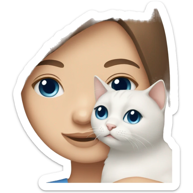 Brown straight hair and eyes girl cuddling White cat with bleu eyes sticker
