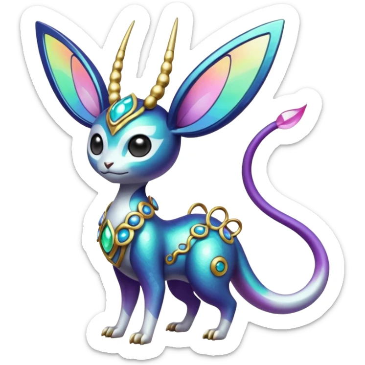 Shiny Horned Antenna’d Colorful Futuristic Ornate Oriental Painted Asian Fae-Vernid-Trico-Meloetta-Latias-Koraidon-Peppercat-Protogen-Pokémon-Digimon-Fakémon-fusion-hybrid-creature sticker